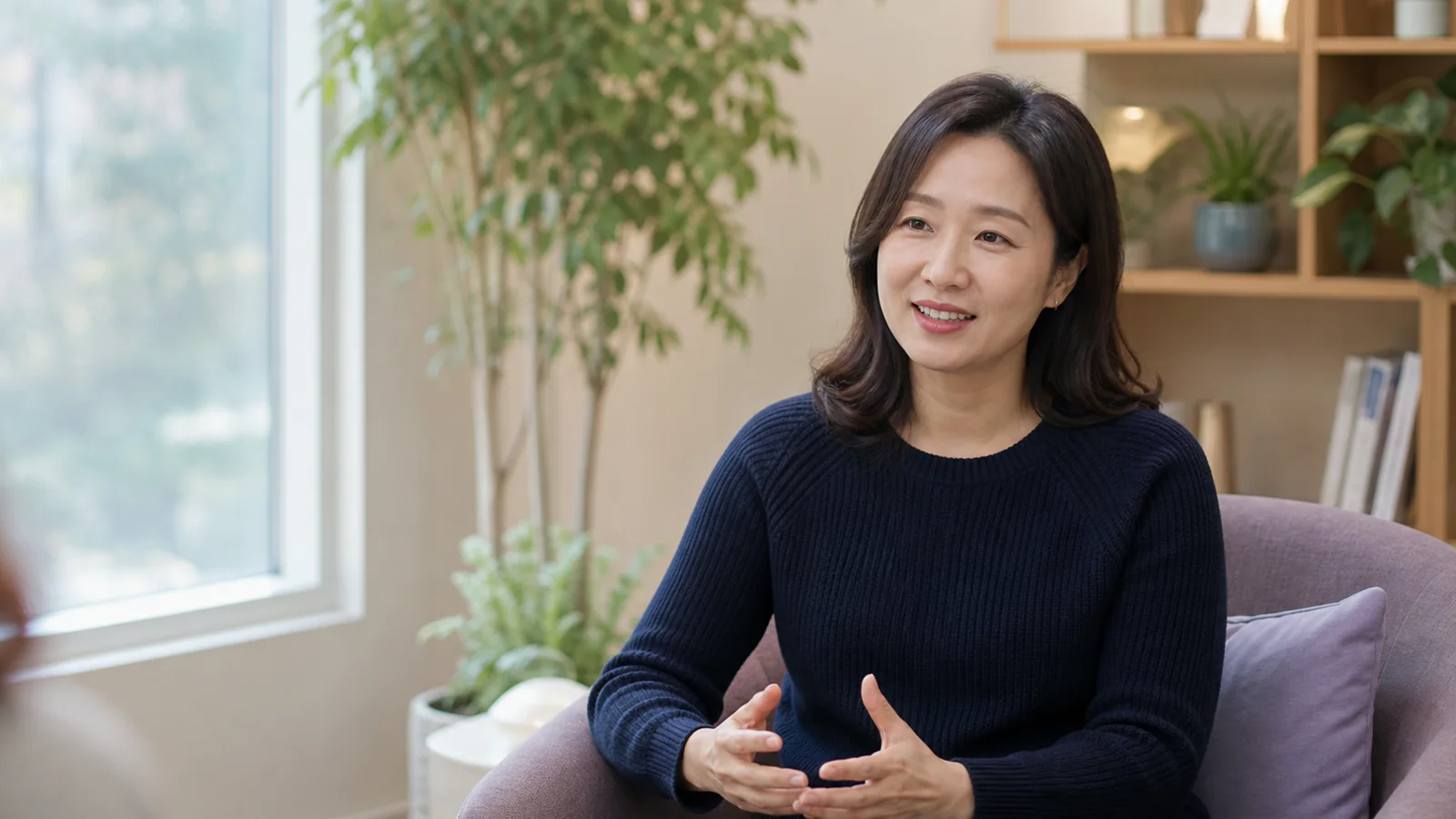 밝은 상담실에서 설명하는 가상의 한국인 여성 정신건강의학과 전문의