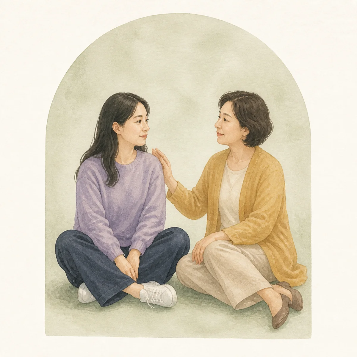 서로 마주 앉아 이야기를 나누는 가상의 한국인 모녀 수채화