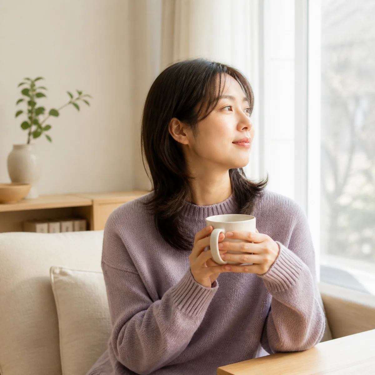 창가에서 차분히 쉬는 가상의 한국인 여성