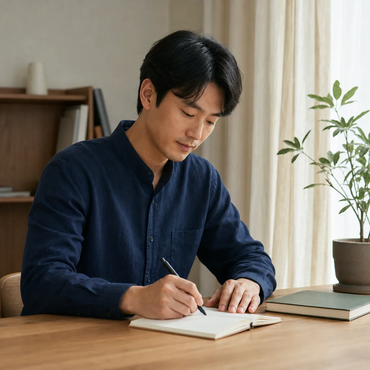 창가 책상에서 기록하는 가상의 한국인 남성