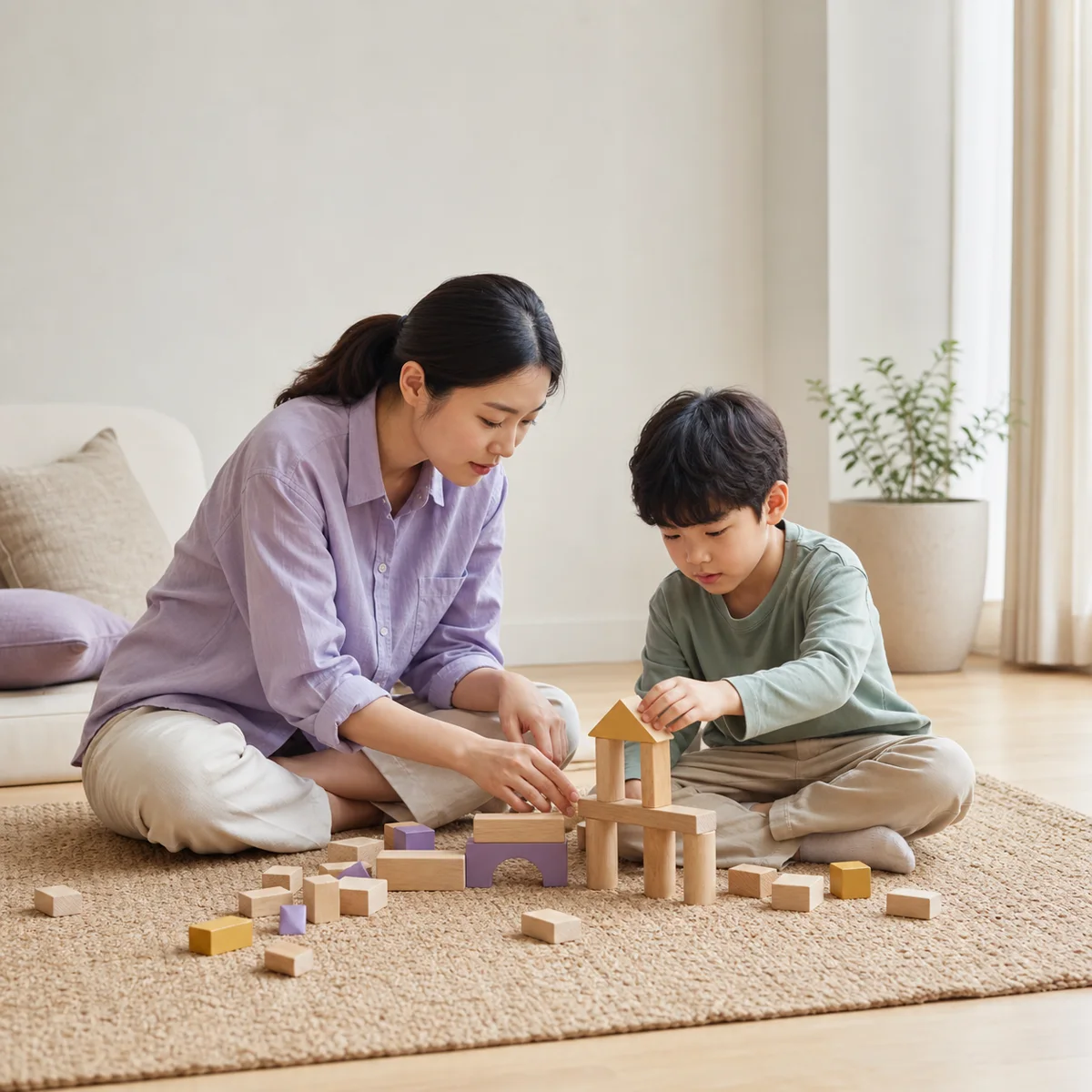 블록을 함께 쌓는 가상의 한국인 보호자와 아이