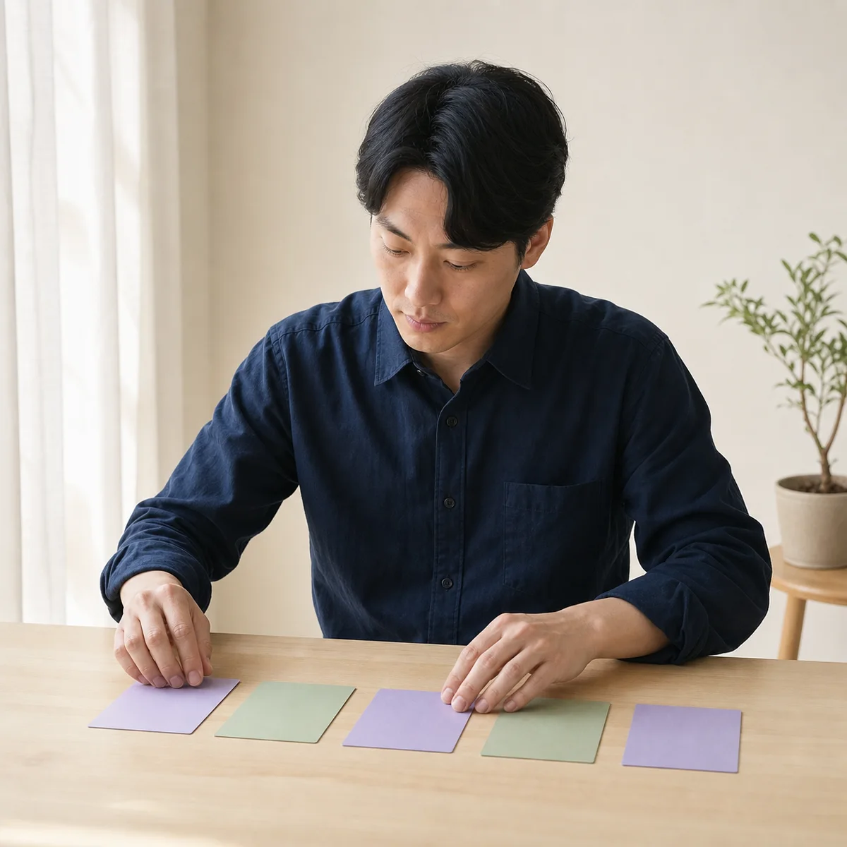 빈 메모 카드를 정리하는 가상의 한국인 성인