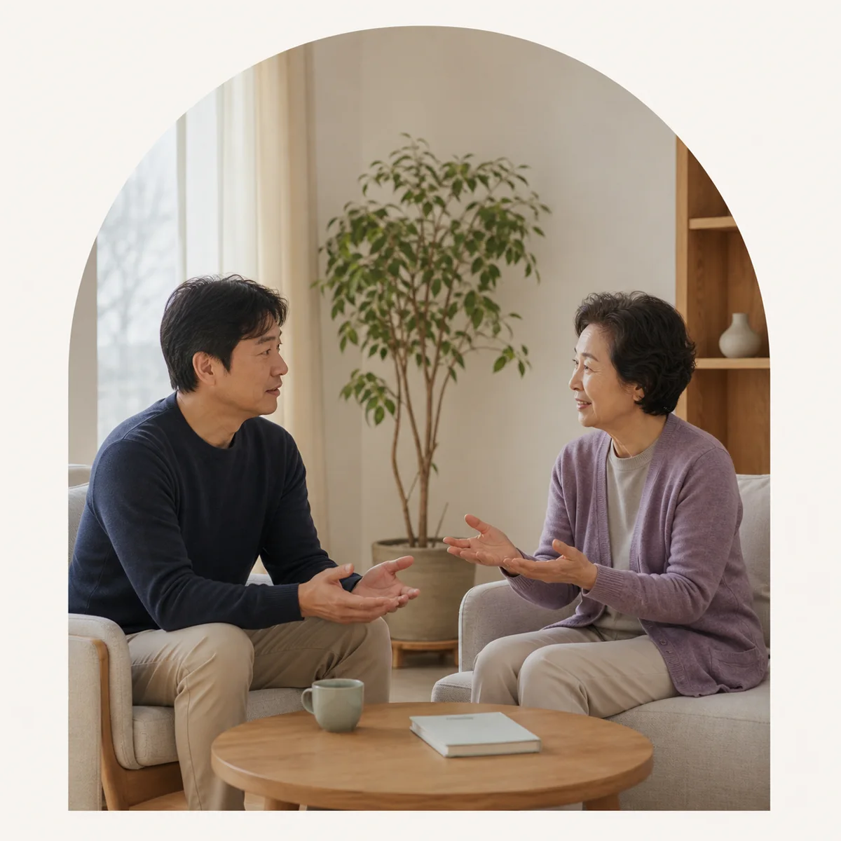차분하게 대화하는 가상의 한국인 가족 두 명