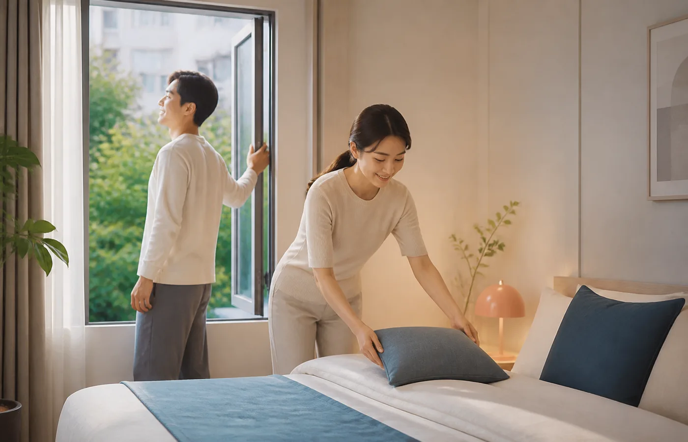 잠들기 전 침실을 정돈하는 가상의 한국인 부부
