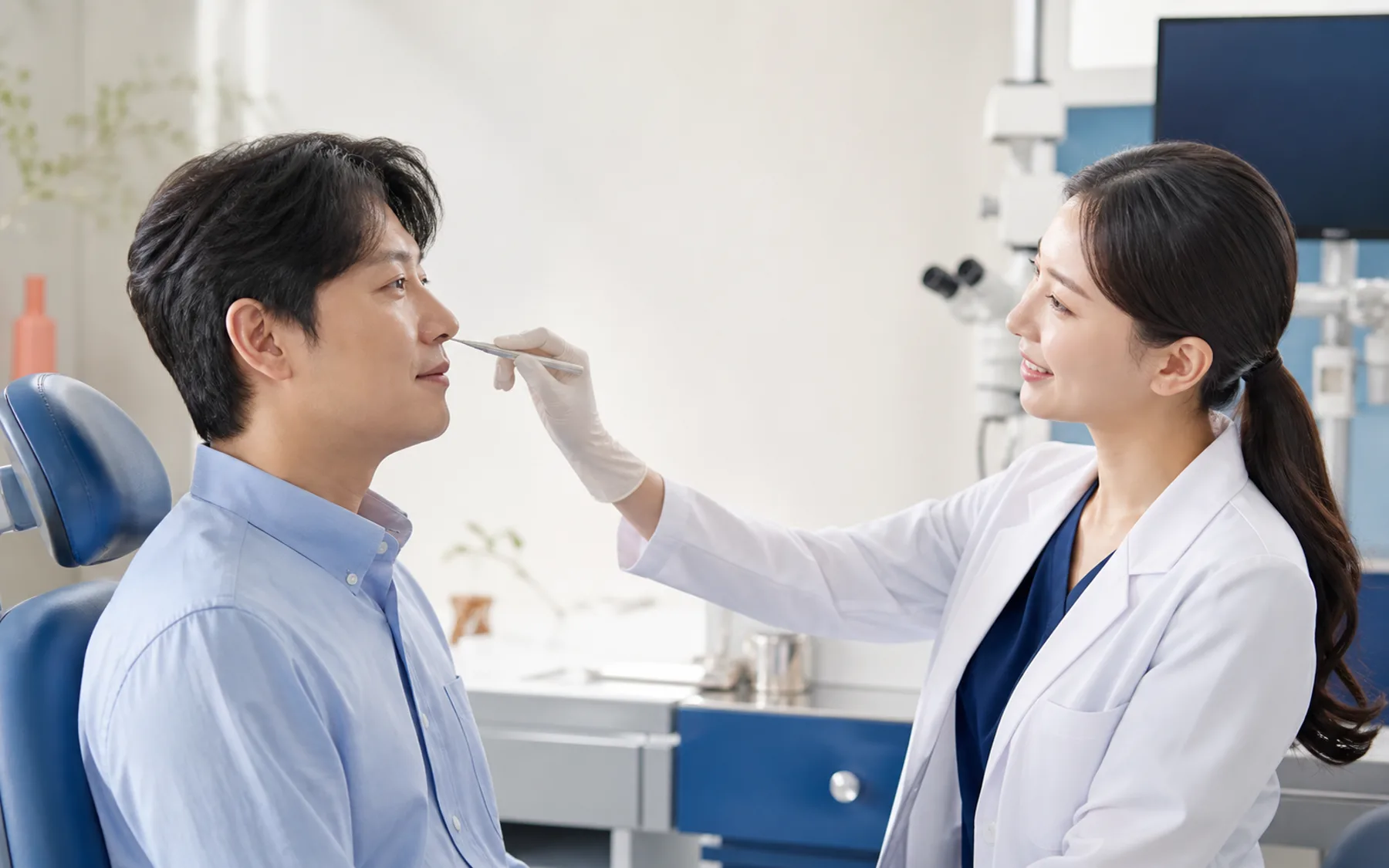 가상의 한국인 의료진에게 코 검사를 받는 성인