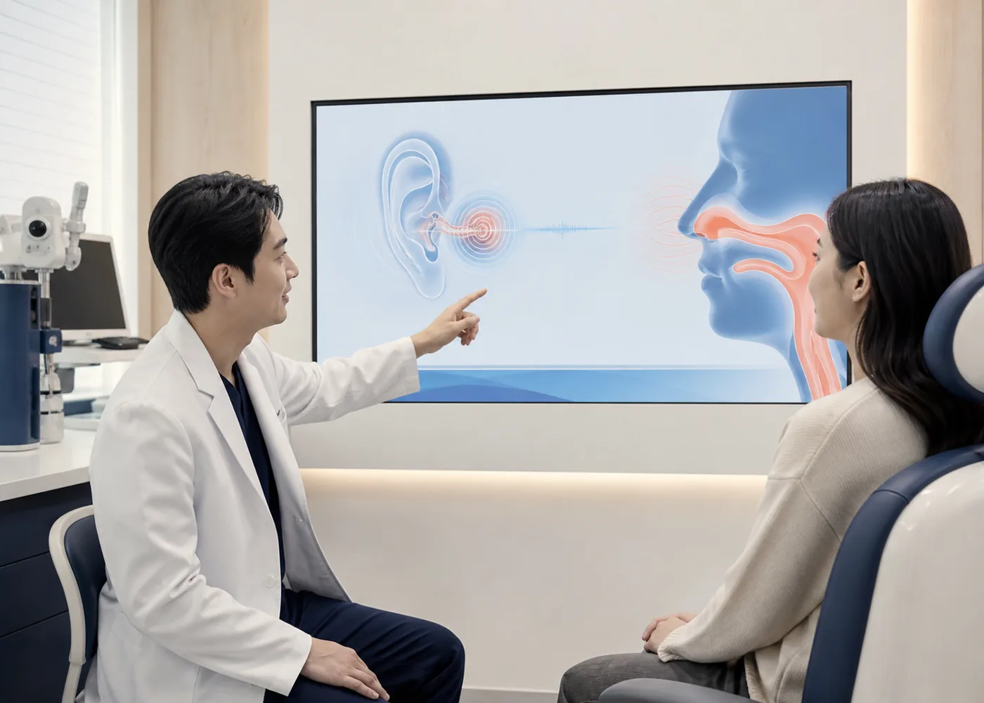 진단 화면을 함께 살피는 가상의 한국인 환자와 의료진