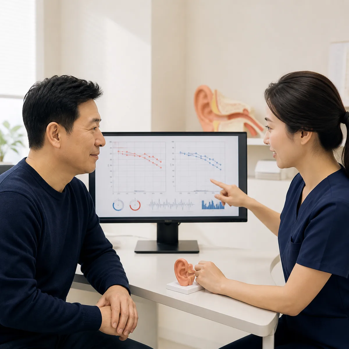 청각 검사 결과를 함께 살피는 가상의 한국인 환자와 의료진