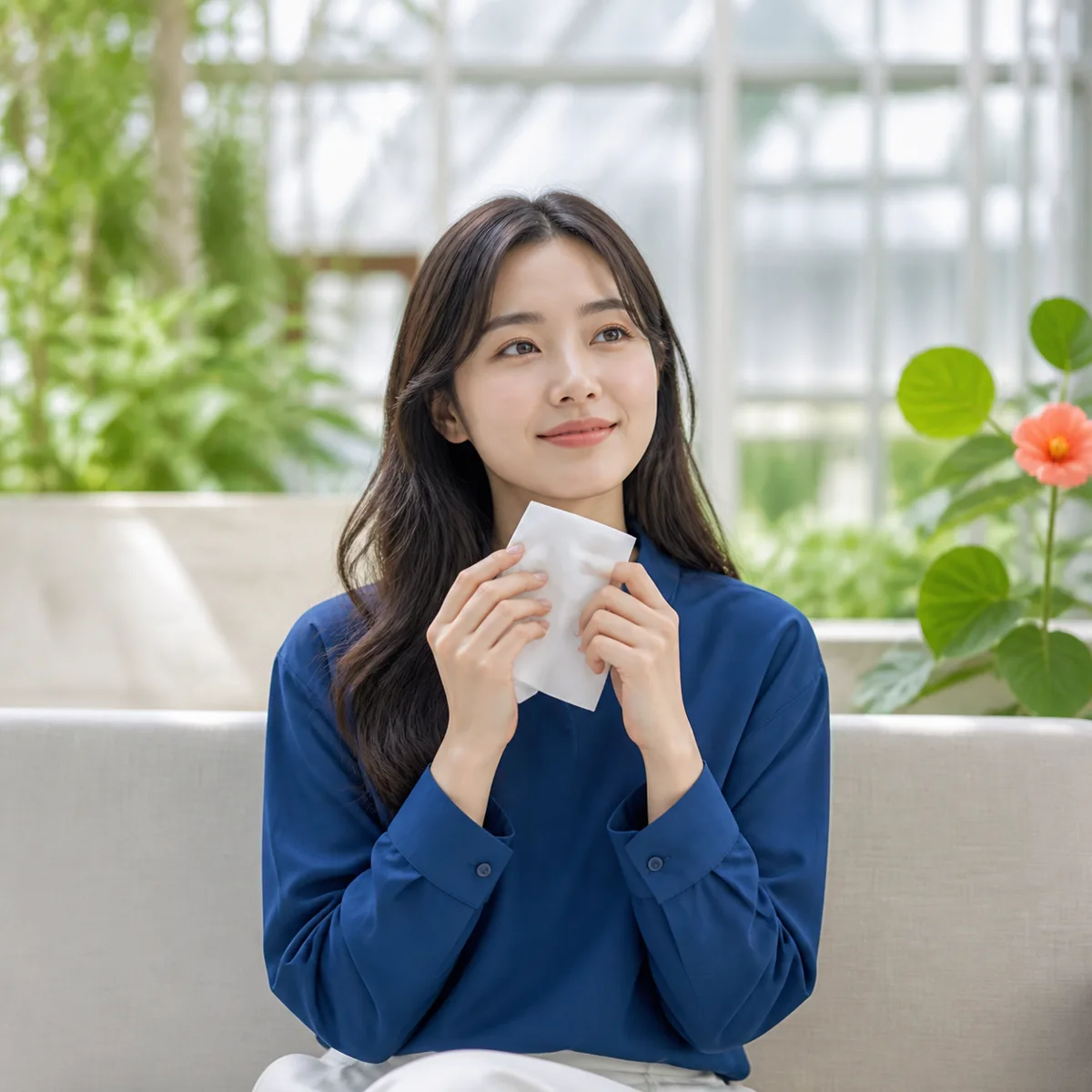 밝은 공간에서 휴식하는 가상의 한국인 여성