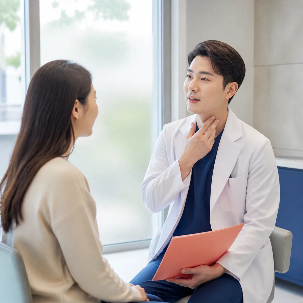 목 주변의 불편을 상담하는 가상의 한국인 환자와 의료진