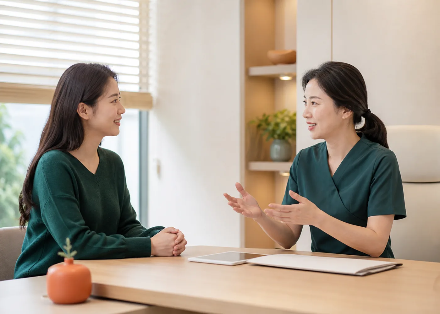 여성 건강 검진에 대해 상담하는 가상의 한국인 환자와 의료진