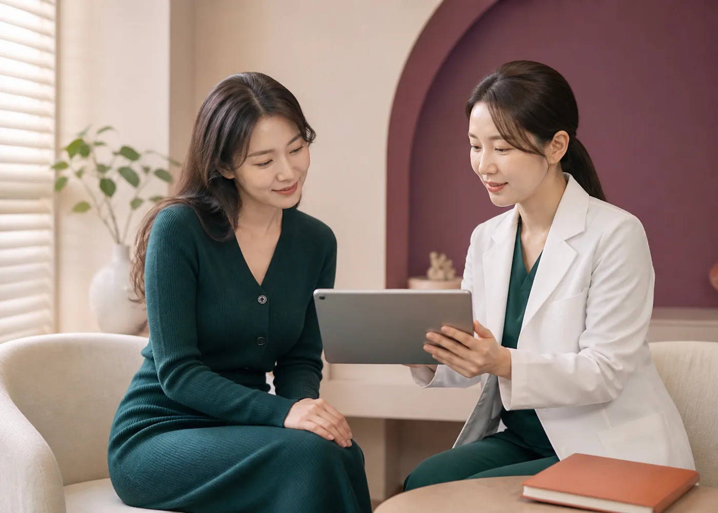 태블릿으로 월경과 골반 건강을 설명하는 가상의 한국인 의료진