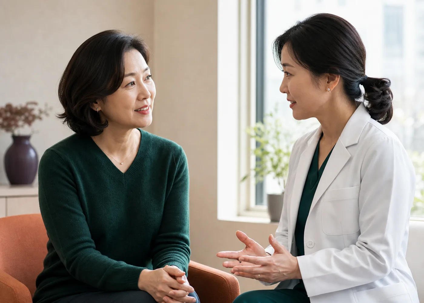 갱년기 건강을 상담하는 가상의 한국인 환자와 의료진