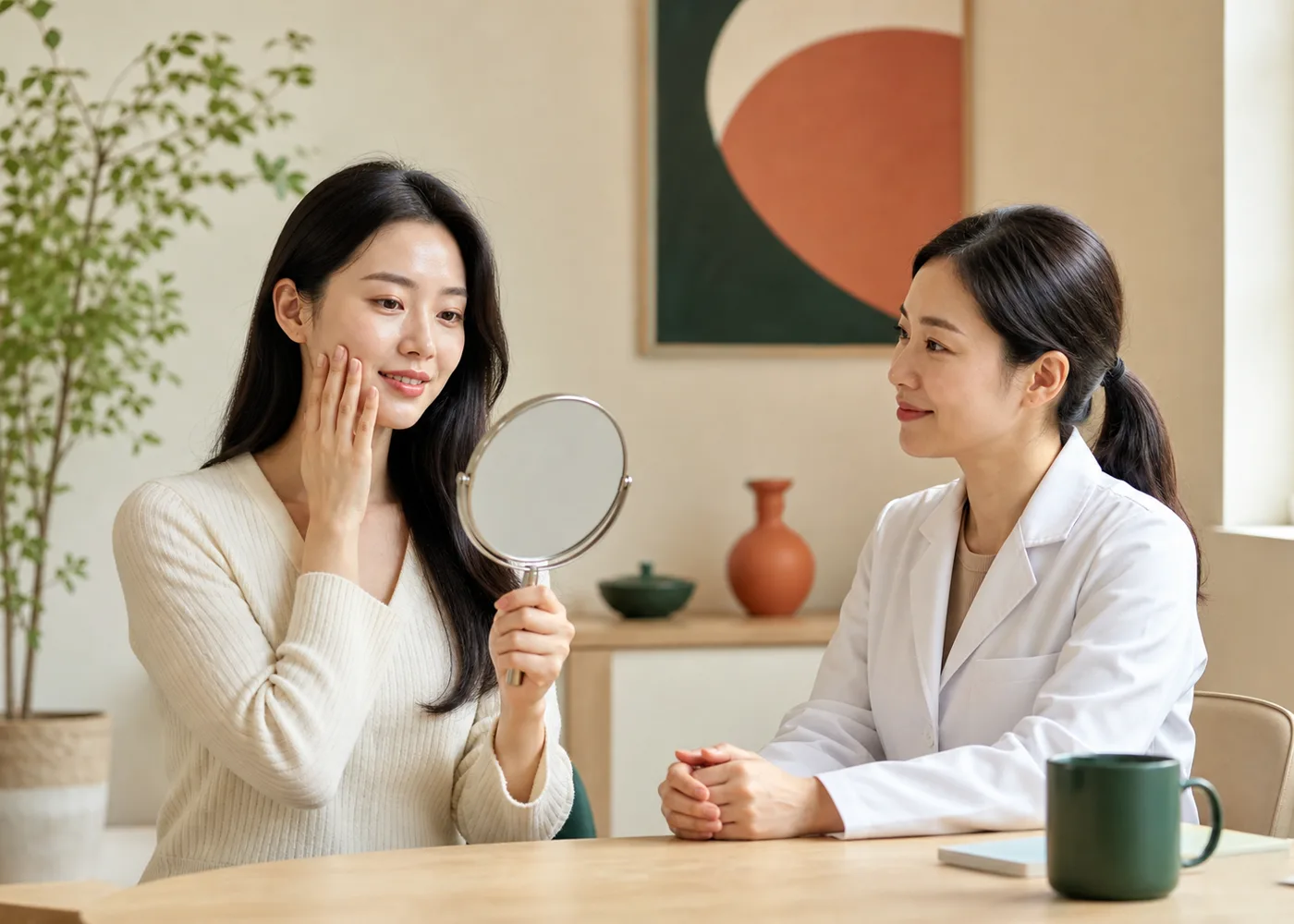 피부와 호르몬 변화를 상담하는 가상의 한국인 환자와 의료진