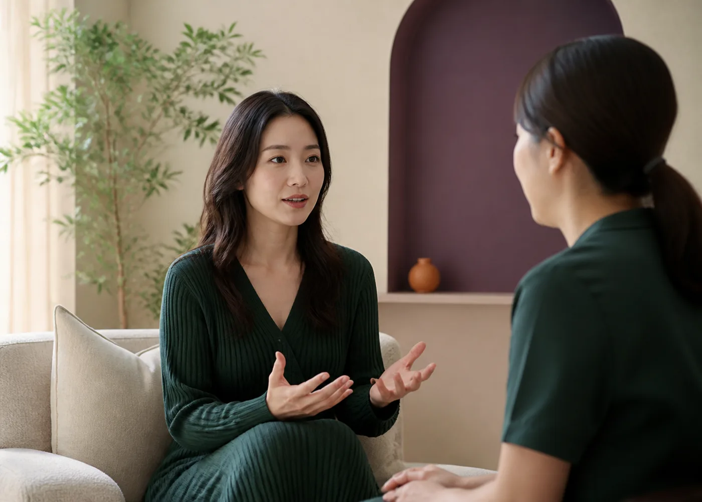 정서 건강에 대해 대화하는 가상의 한국인 여성 두 명