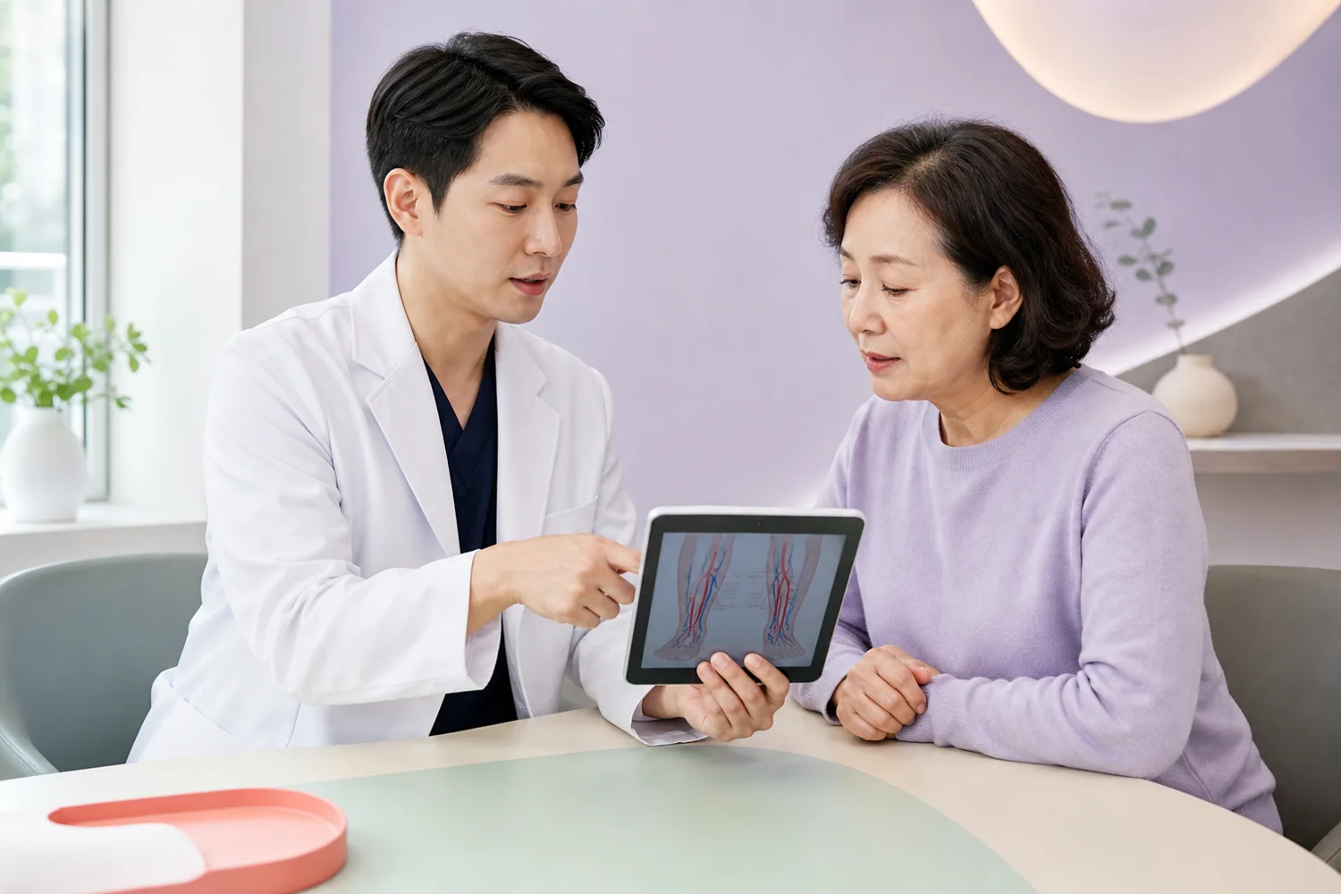 태블릿 화면으로 혈관 정보를 설명하는 가상의 한국인 의료진