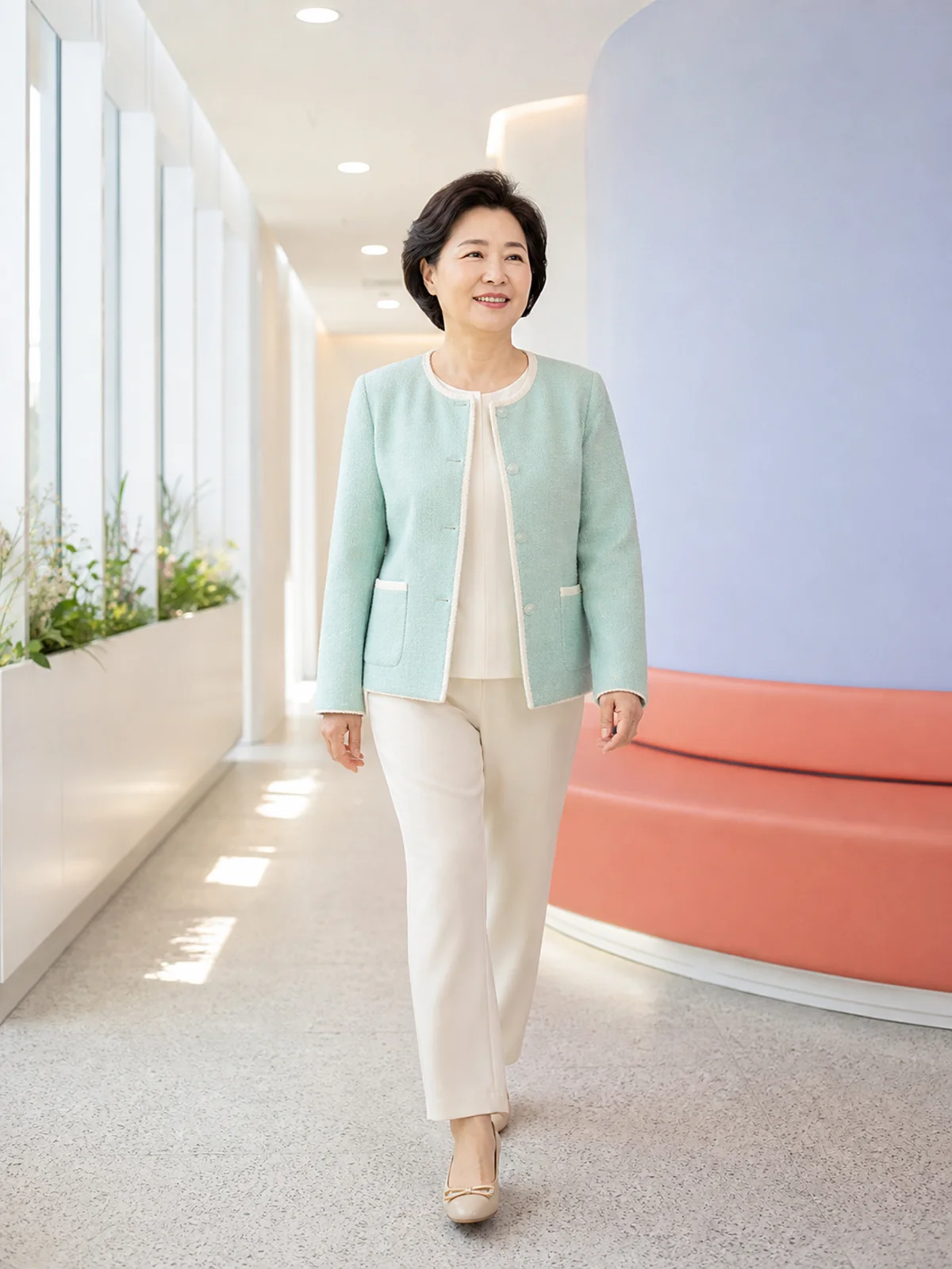 밝은 복도를 편안히 걷는 가상의 한국인 여성