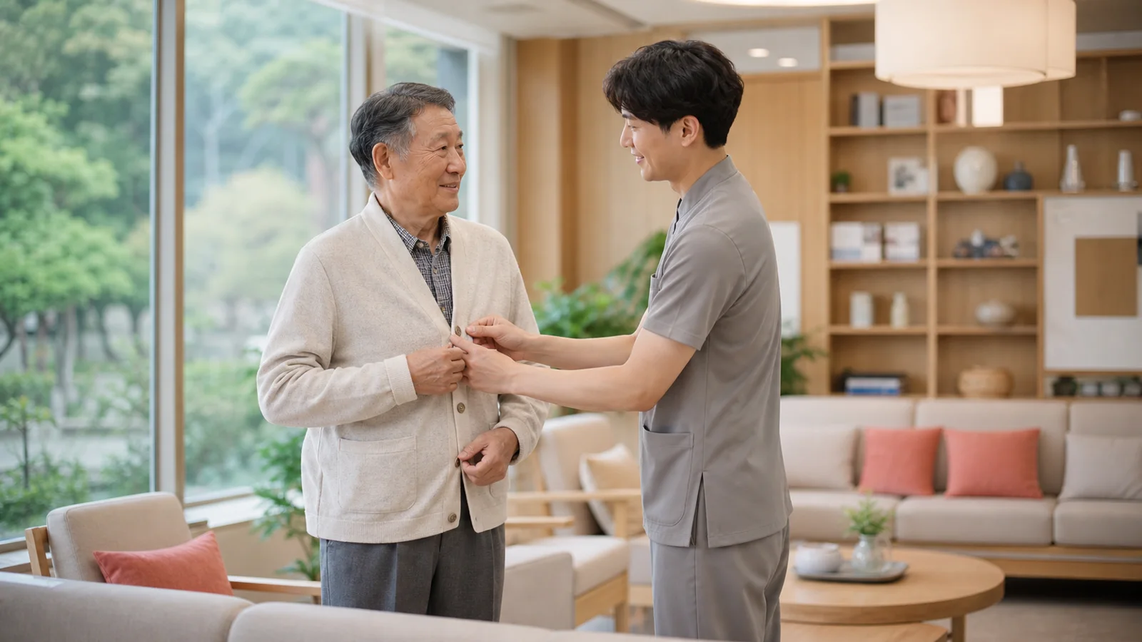치료사가 어르신의 외출 준비를 돕는 따뜻한 재활 라운지