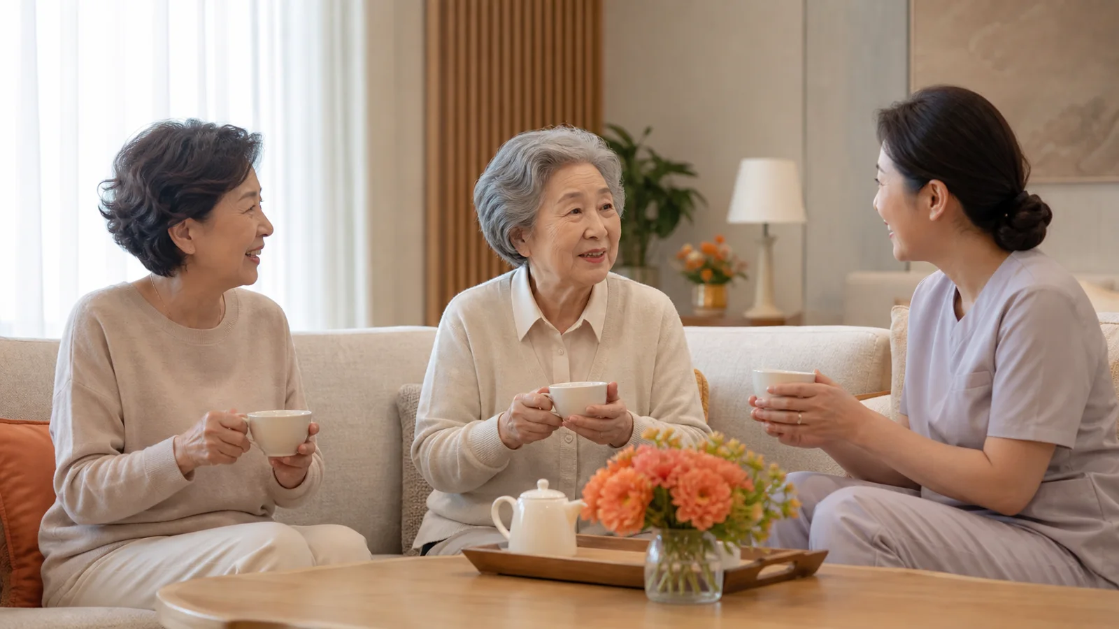 가족과 케어팀이 라운지에서 차를 마시며 대화하는 모습