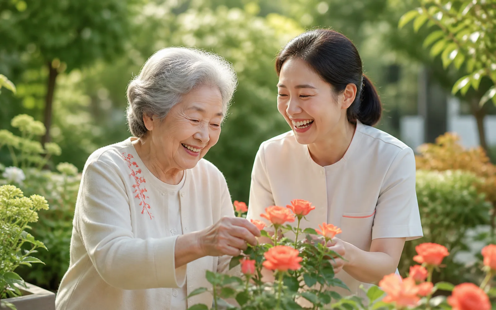 치료사와 어르신이 치료 정원에서 꽃을 돌보는 모습