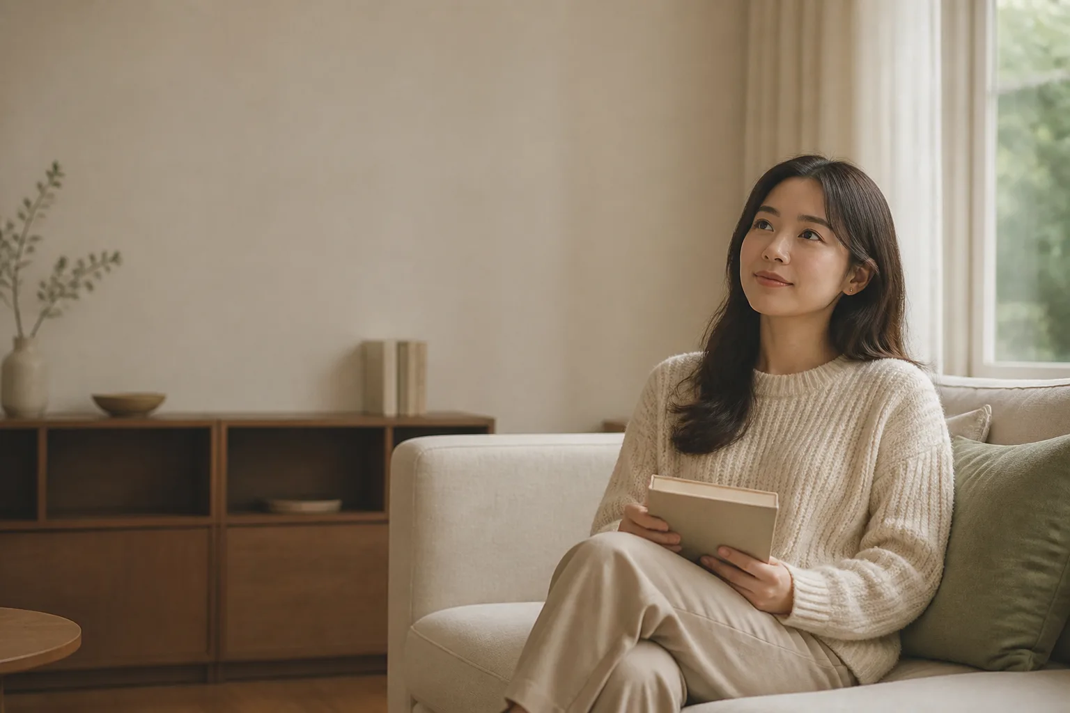 편안한 상담 공간에서 노트를 들고 생각을 정리하는 여성