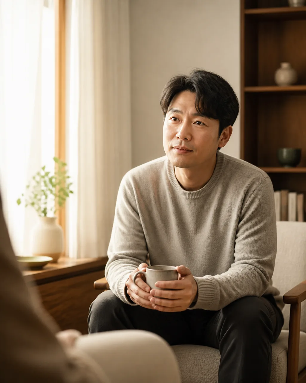창가의 편안한 상담 공간에서 대화 중인 남성