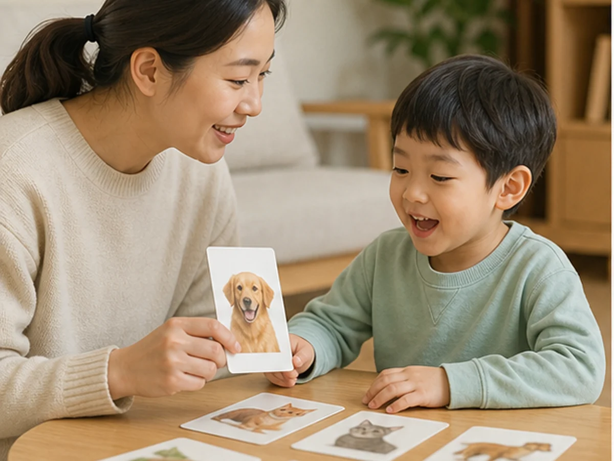 집에서 그림 카드 놀이를 하는 보호자와 아이