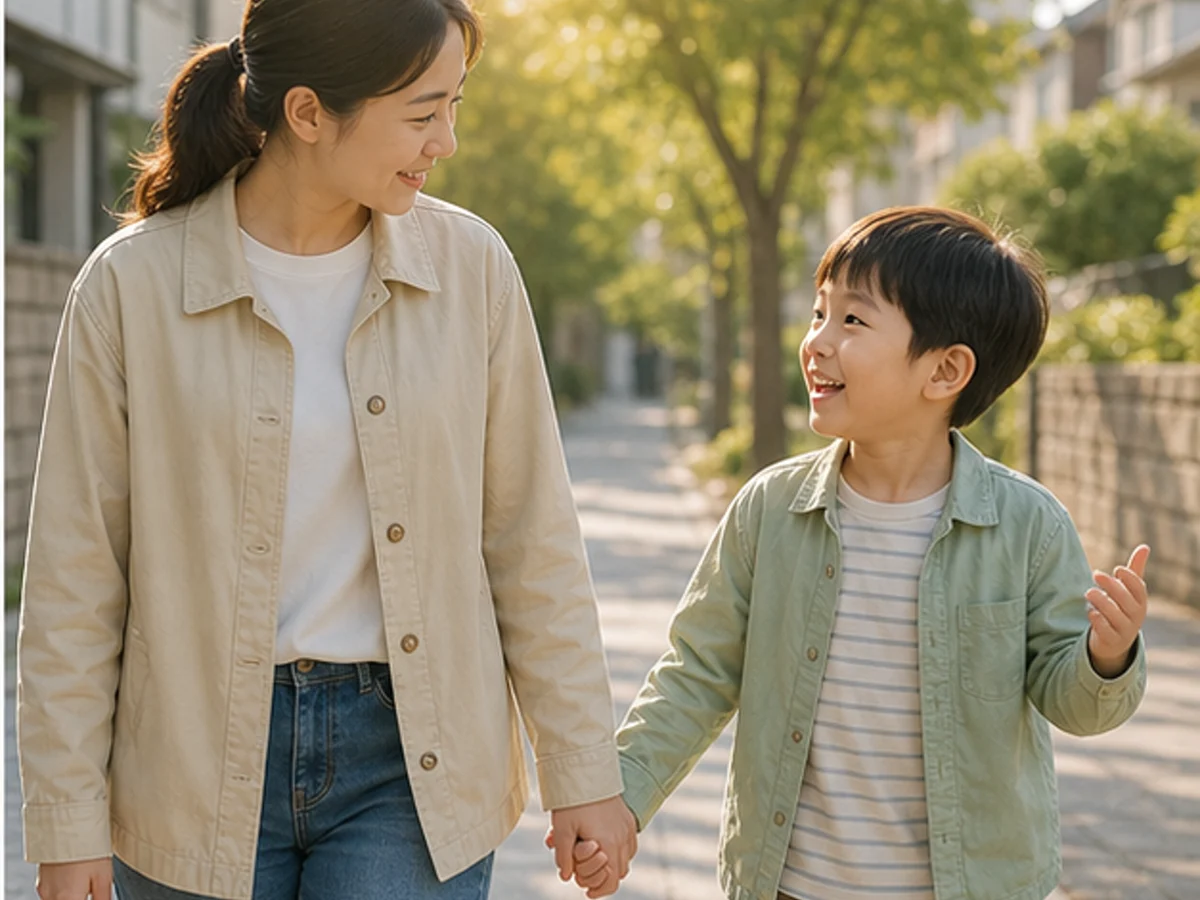 산책하며 대화하는 보호자와 아이