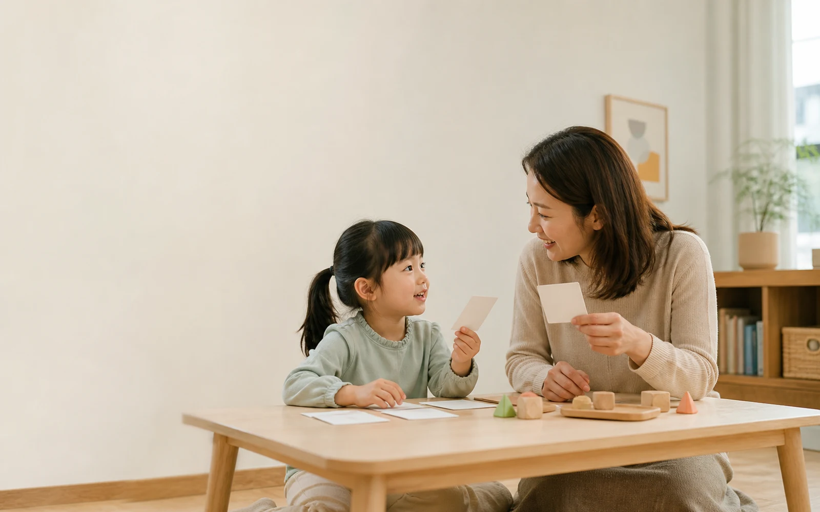 집에서 그림 카드로 언어 놀이를 하는 보호자와 아이