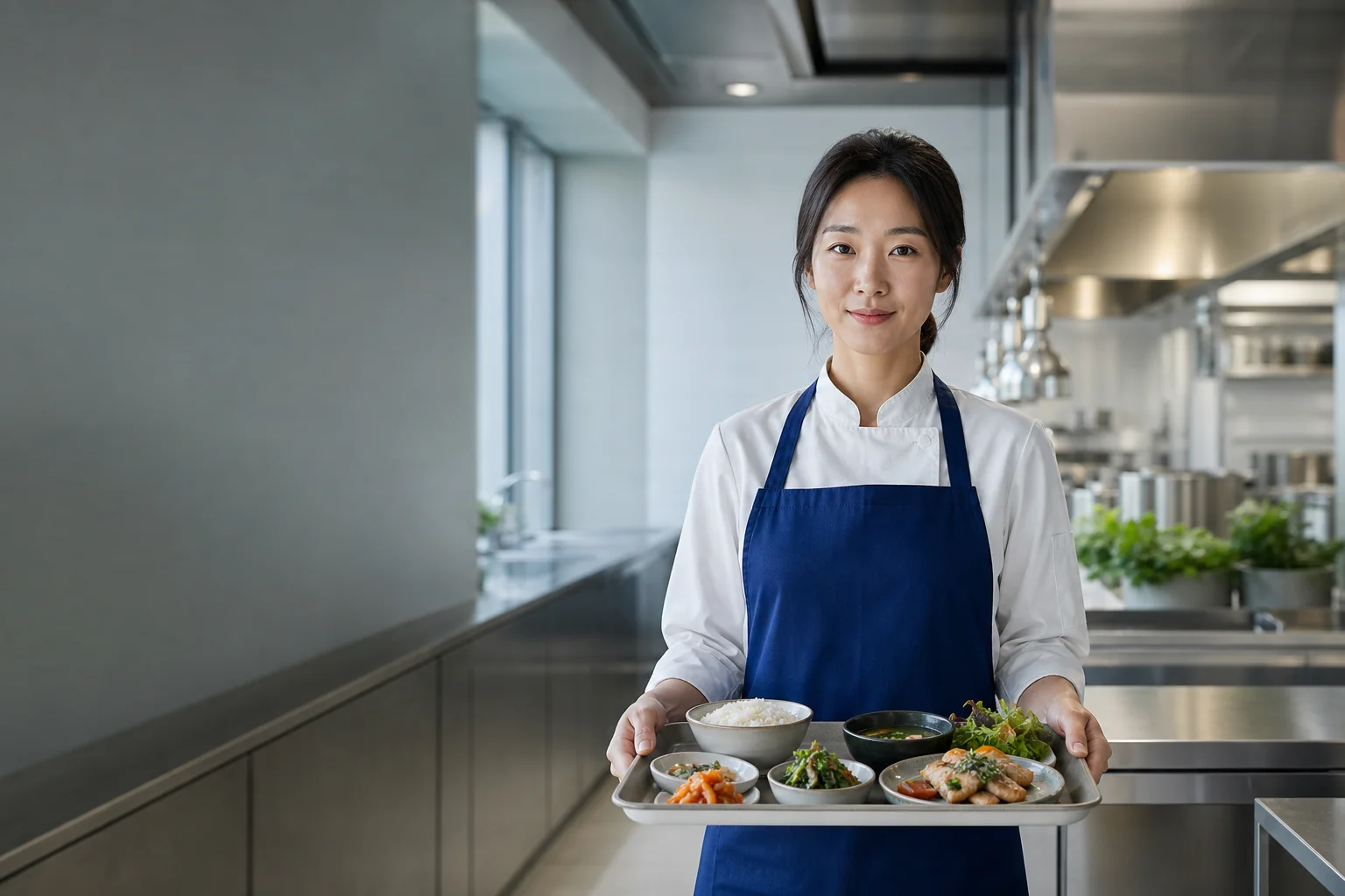 균형 잡힌 구내식당 식판을 들고 있는 DAYROOT 조리 전문가