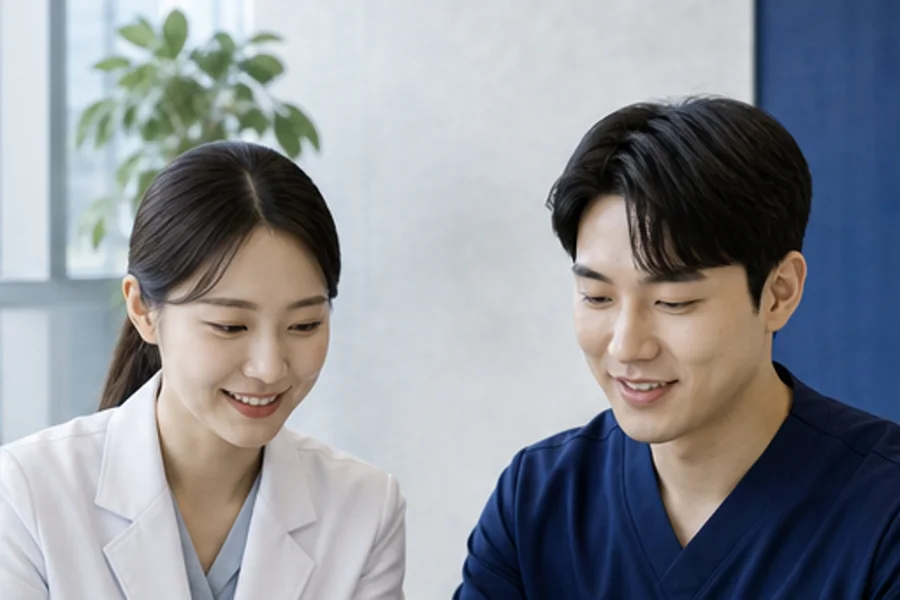 영양 전문가와 직원이 건강 데이터를 함께 확인하는 모습
