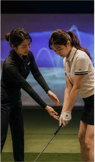 골퍼의 어드레스를 안내하는 코치