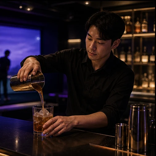 라운지 바에서 음료를 준비하는 장면