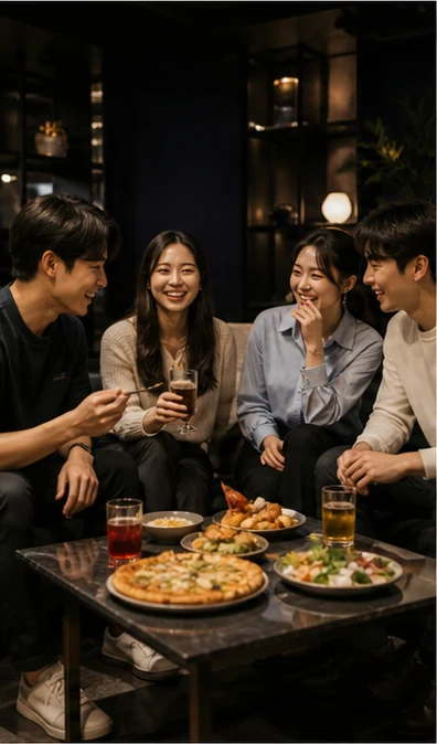 라운지 테이블에서 대화하는 친구들