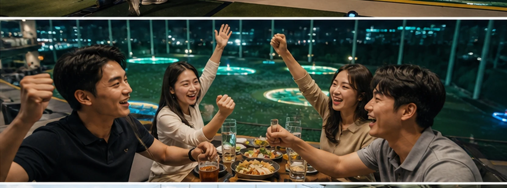 레인지 테이블에서 스윙을 축하하는 친구들