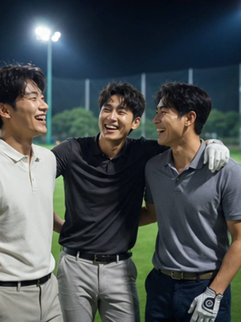 야간 레인지에서 웃는 세 친구
