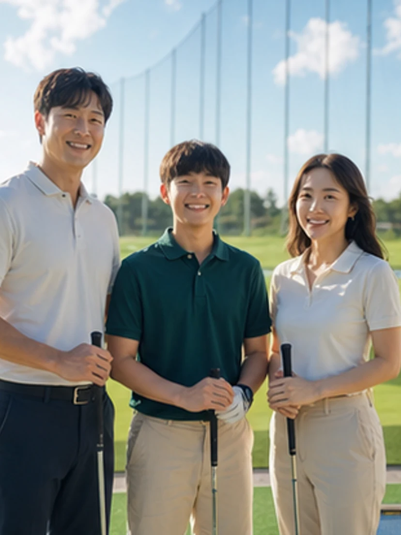 야외 연습장에 선 가족
