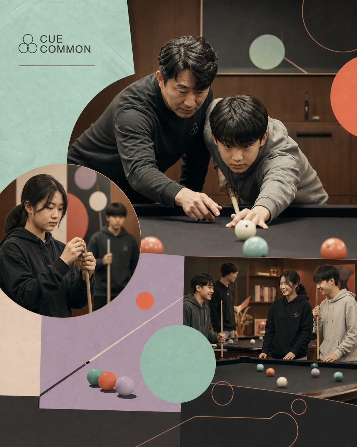 청소년 당구 워크숍을 표현한 오리지널 편집 콜라주