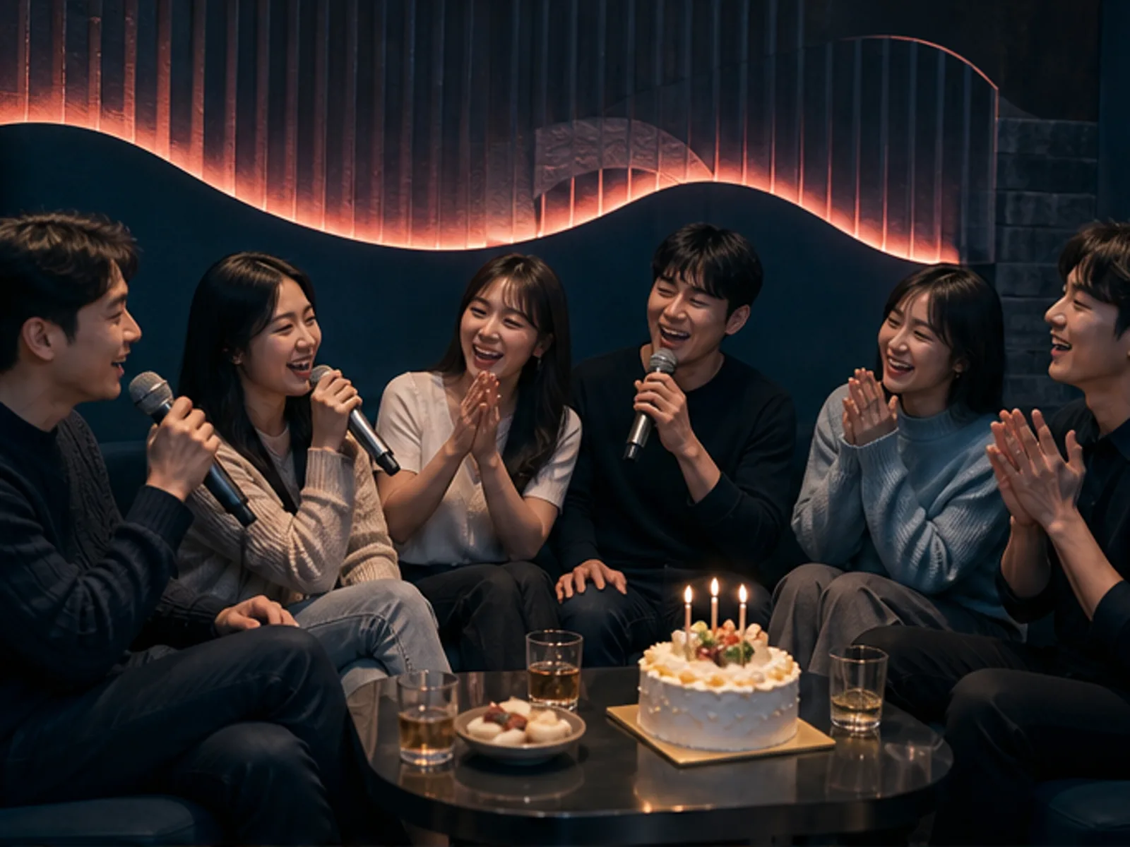프라이빗 룸에서 함께 노래하며 축하하는 친구들