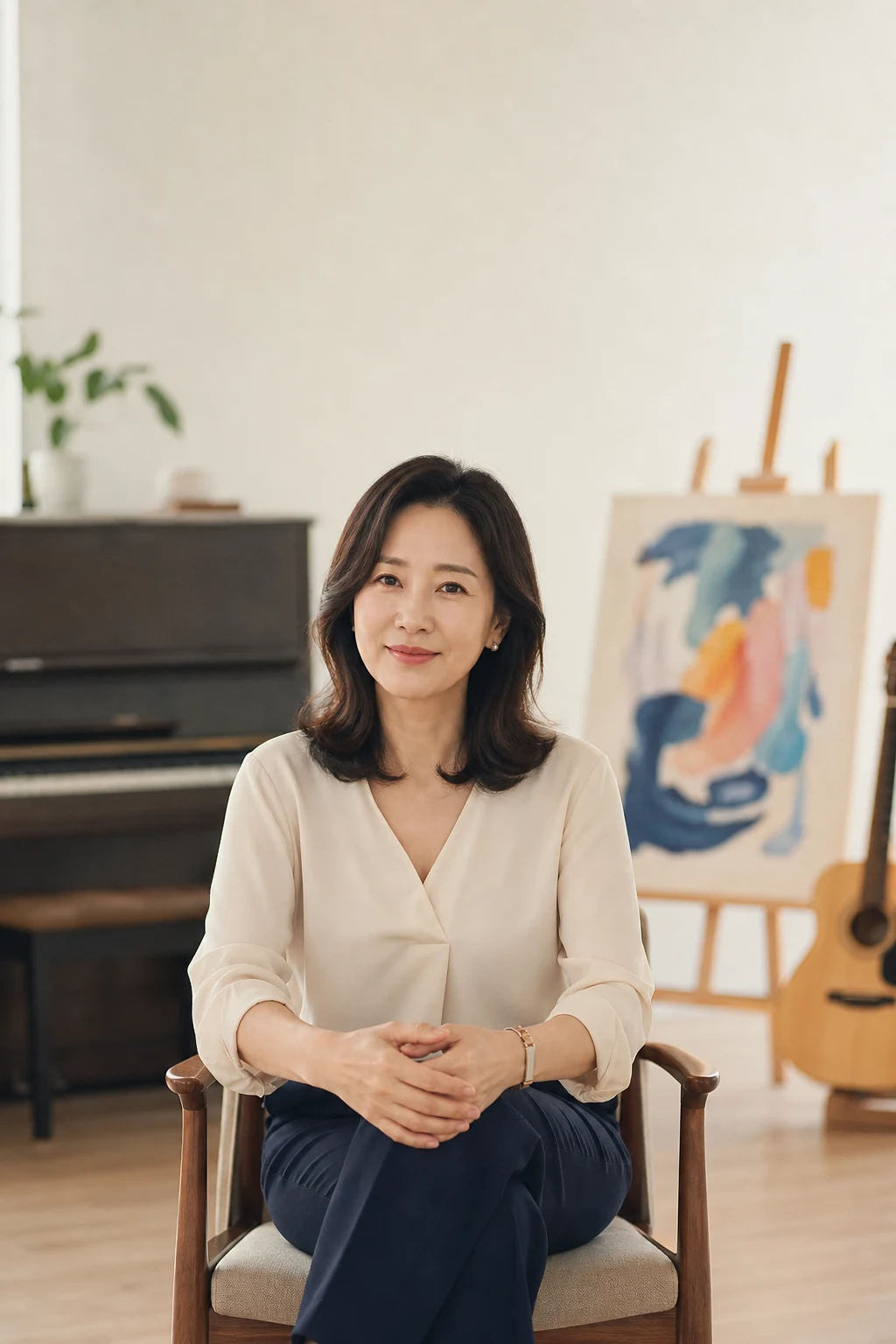 피아노와 미술 도구가 있는 작업실에 선 가상의 예술교육 디렉터