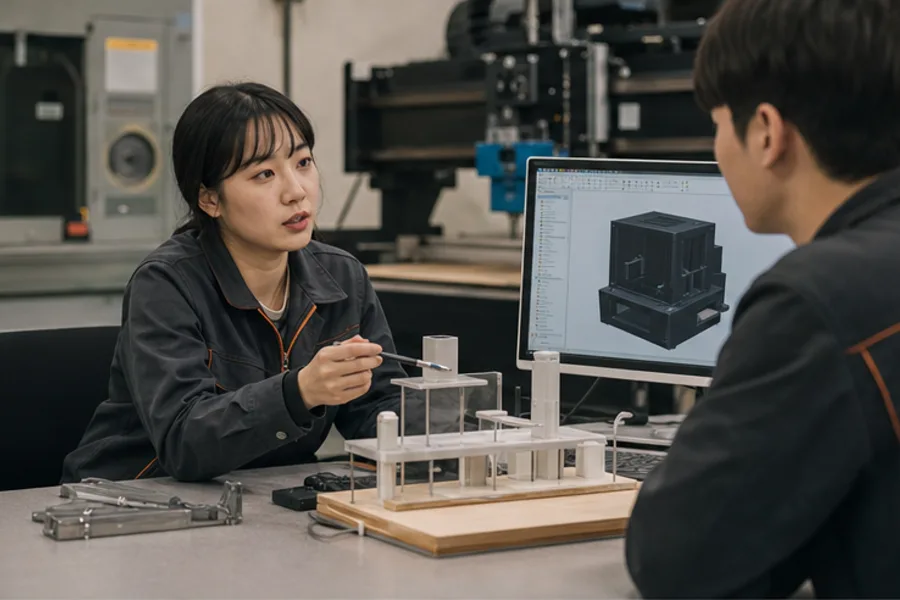 제품 모형과 CAD 화면을 검토하는 디지털 제작 훈련생