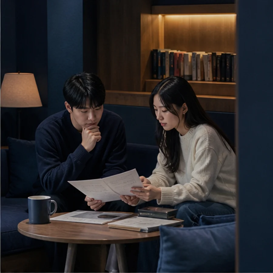 자료를 나누며 협업하는 학습자 두 명