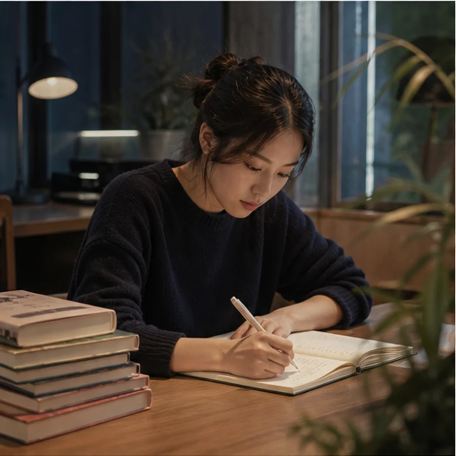 책상에서 필기하며 깊이 집중하는 학습자