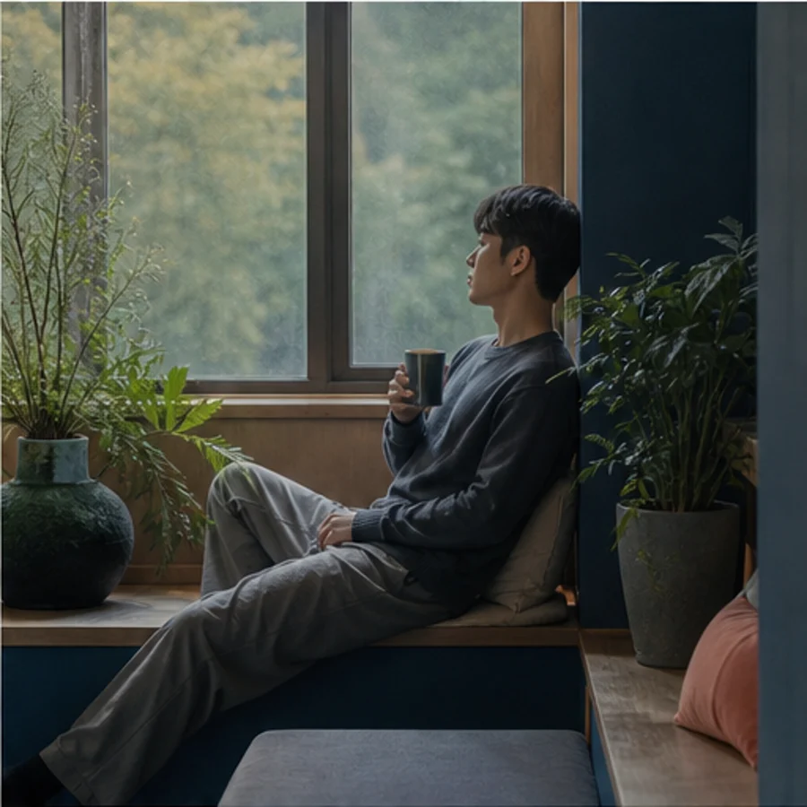 창가에서 잠시 숨을 고르는 학습자