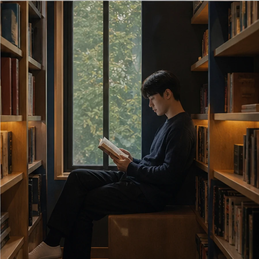 책으로 둘러싸인 알코브에서 읽는 학습자