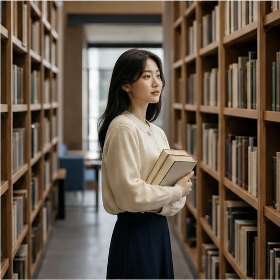 서가 사이에서 책을 든 연구자