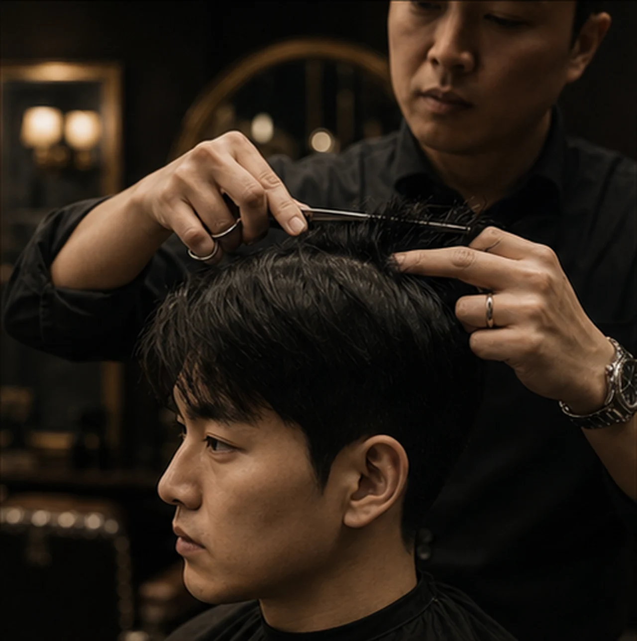 가위와 빗으로 클래식 커트를 진행하는 장면
