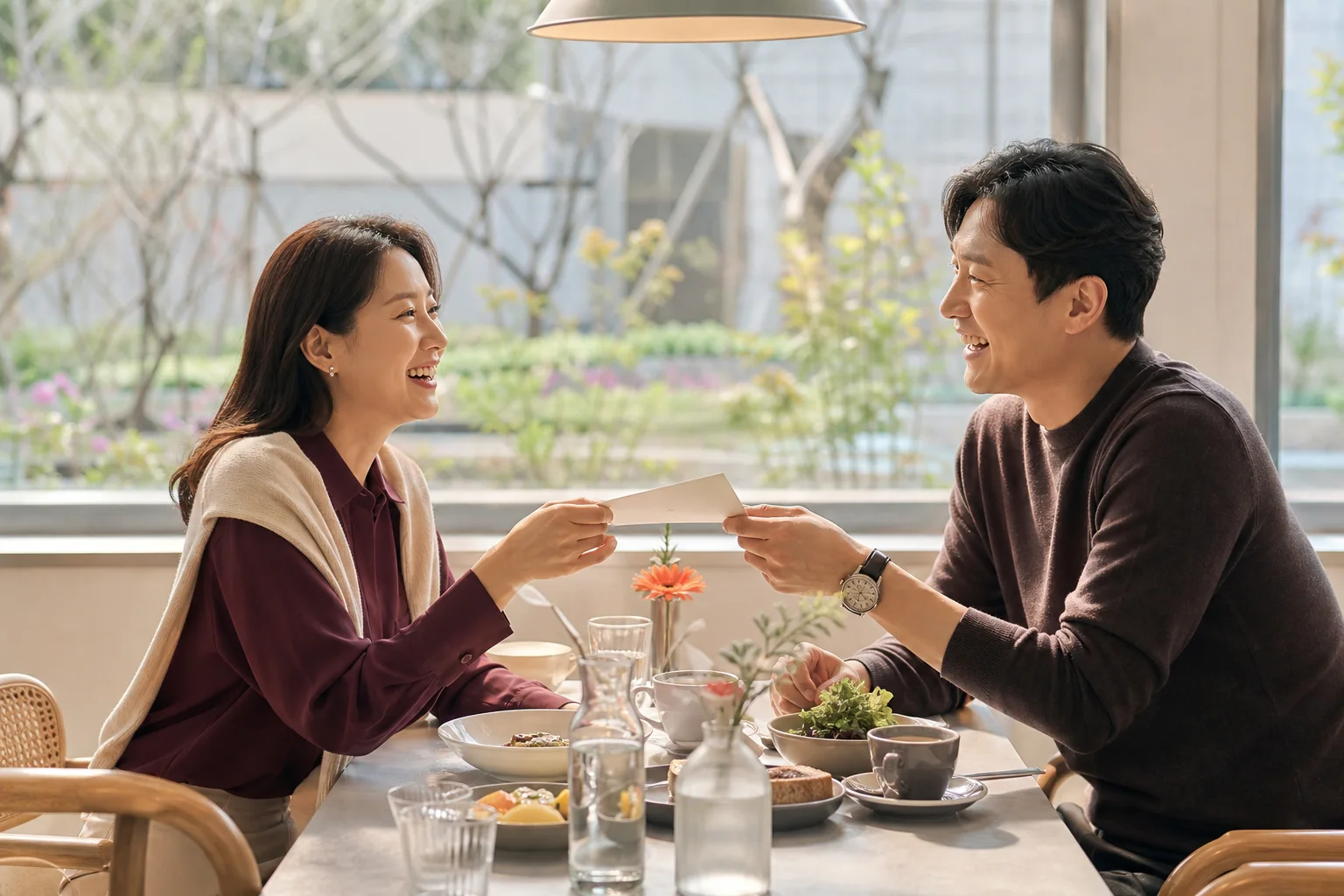 밝은 카페에서 서로를 바라보며 대화하는 한국인 커플