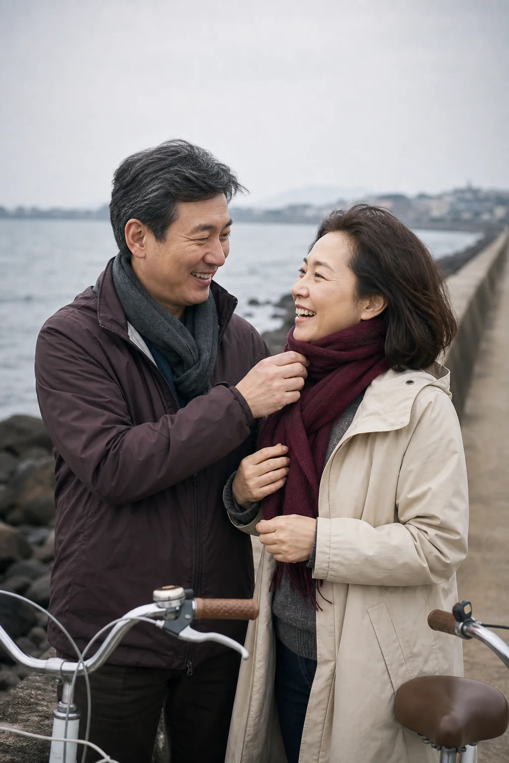 바닷가 자전거 여행 중 서로의 스카프를 정리해 주는 한국인 커플