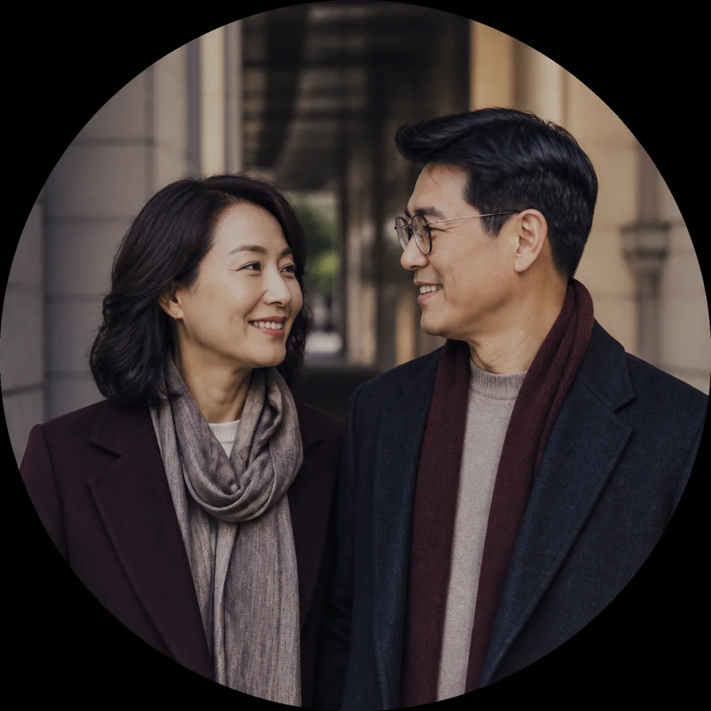 도시 아케이드에서 나란히 걷는 중년 한국인 커플