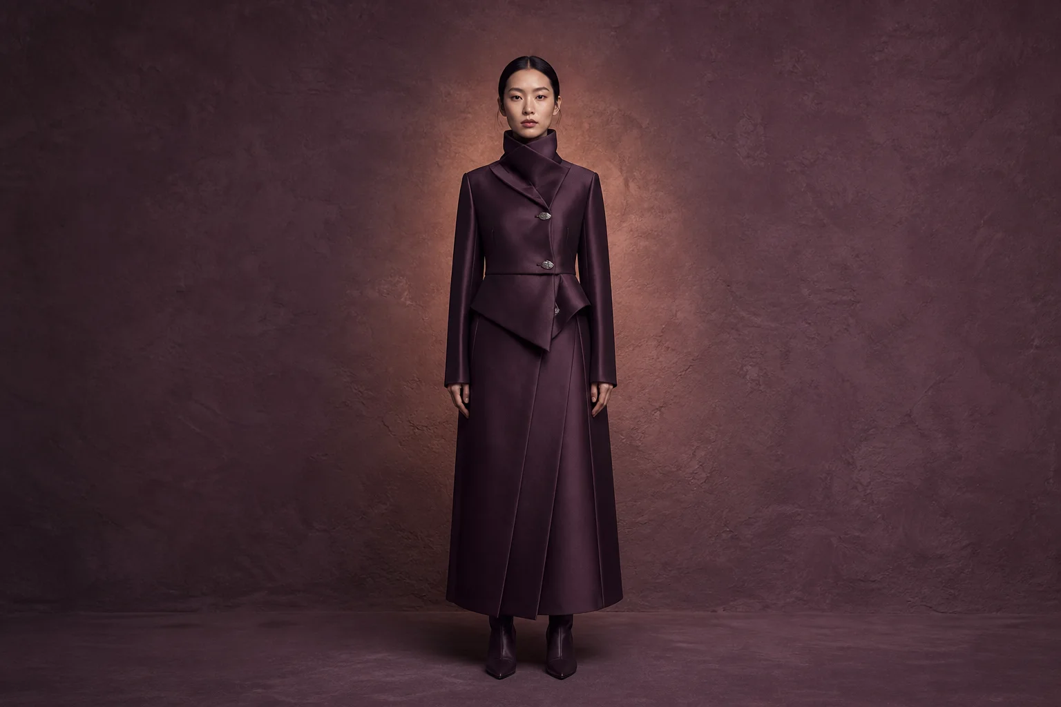 미네랄 플럼 코트를 입은 MORNEA VIOLET THREAD 캠페인 모델